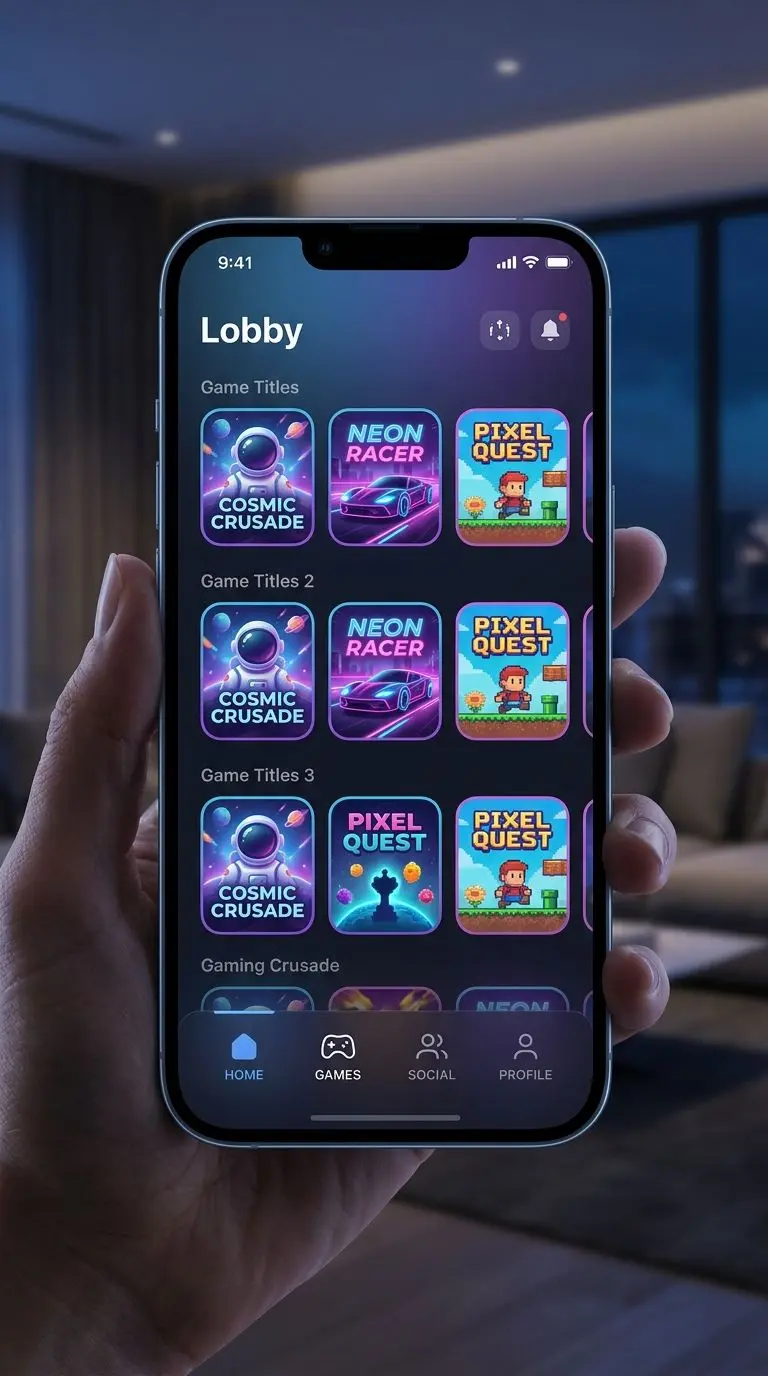 Mobile lobby interface with game list and simple navigation