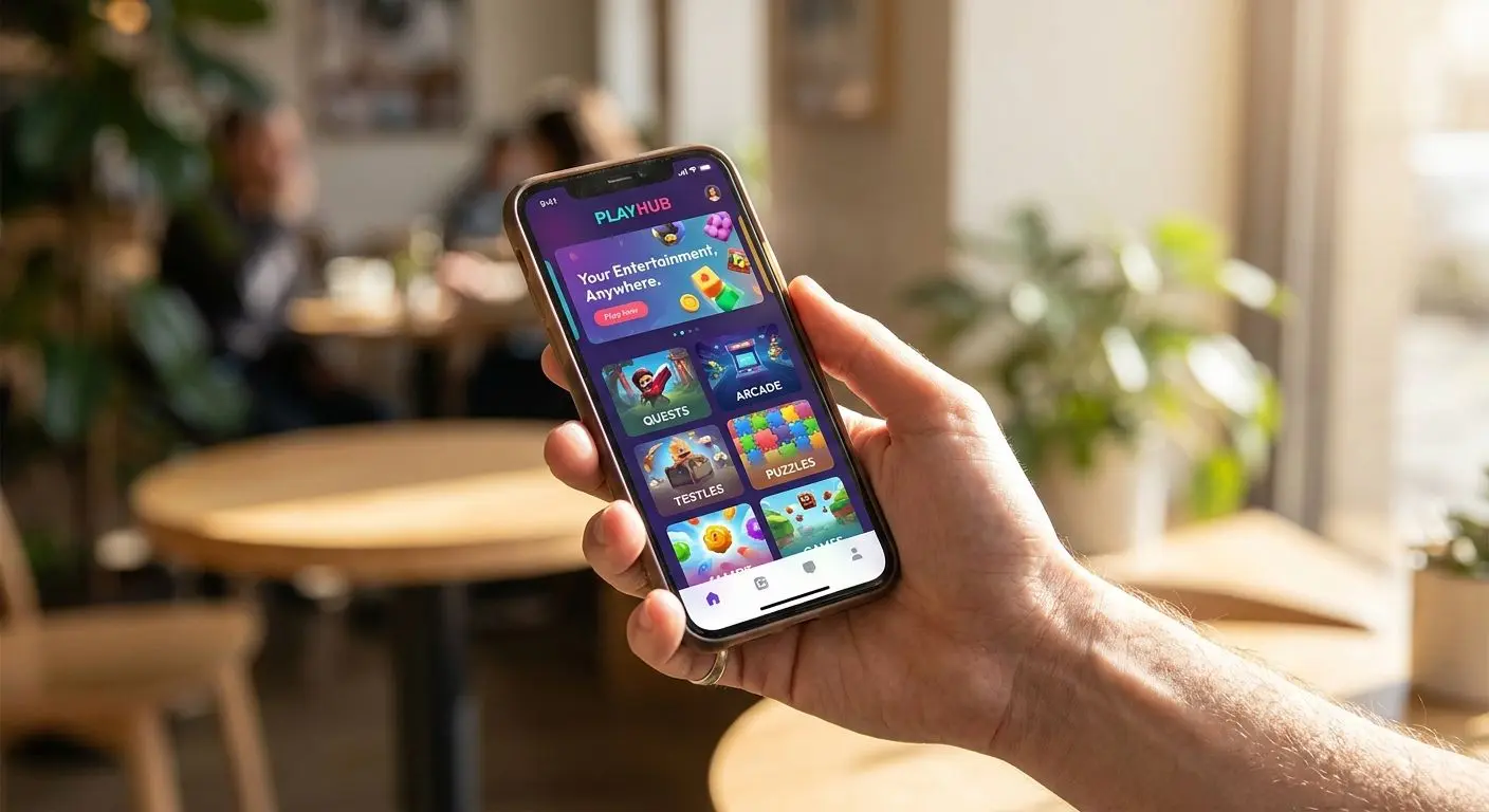 Hand holding a smartphone with a mobile gaming interface