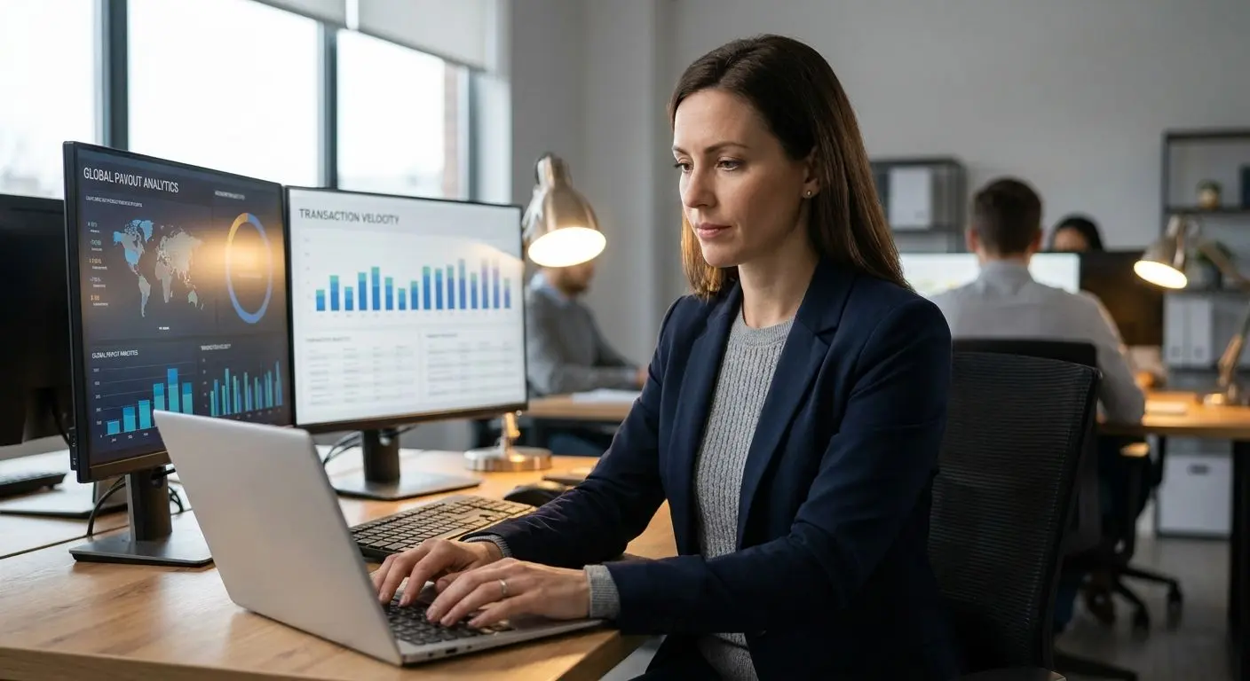 Fictional payments analyst reviewing withdrawal data on laptop