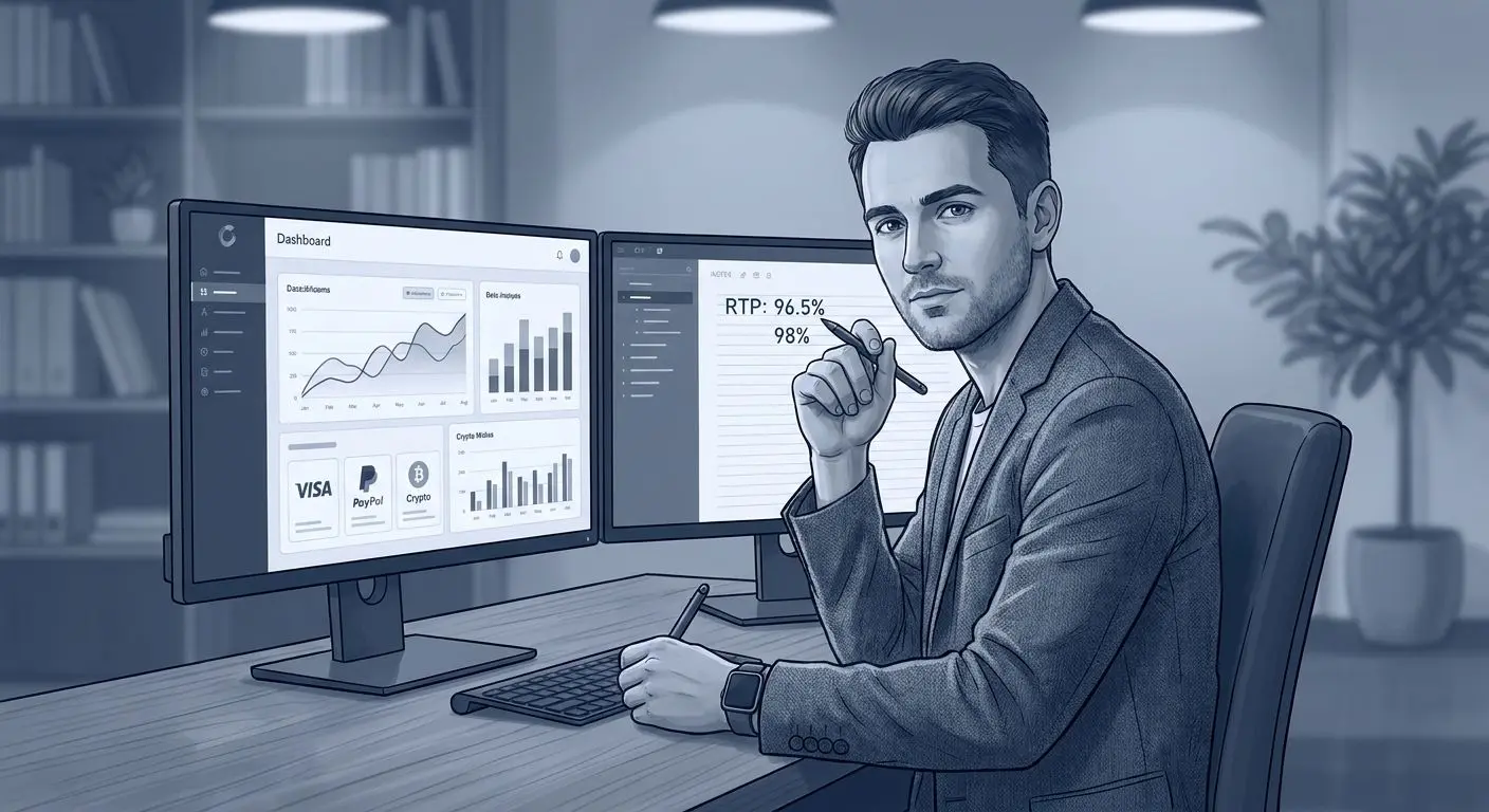 Author illustration for payout guide Illustrated analyst reviewing payout methods and RTP data
