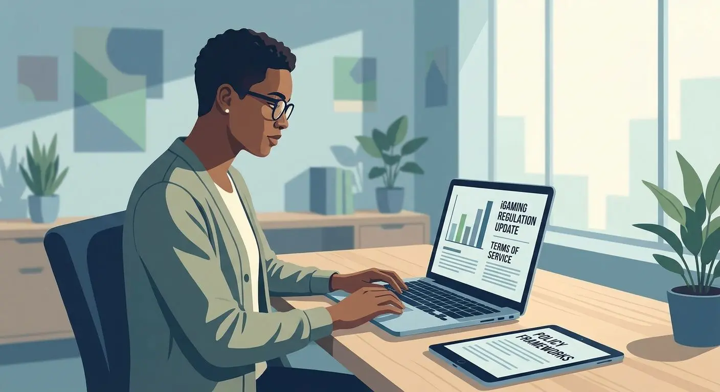 Illustration of an analyst reviewing gaming policy documents