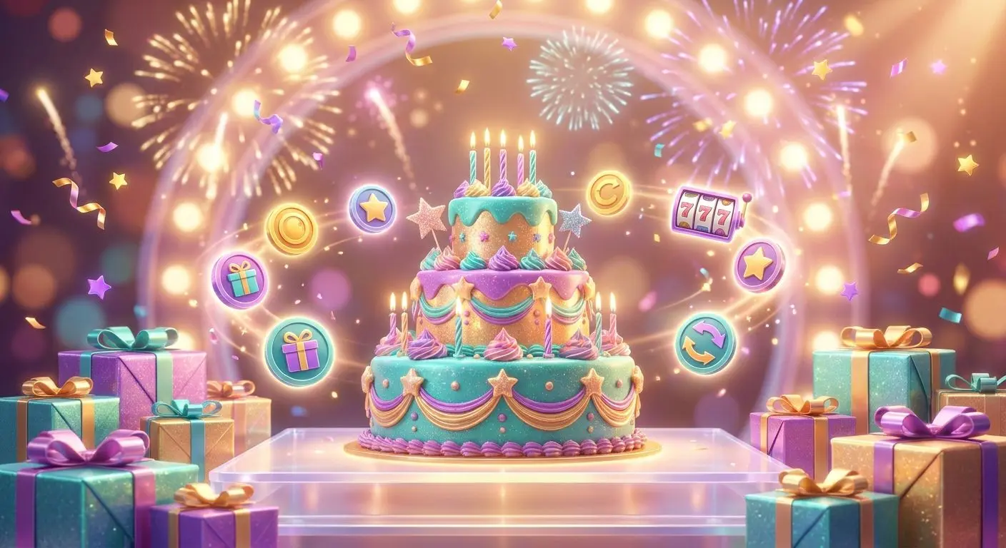 Birthday reward scene with cake, confetti and bonus icons