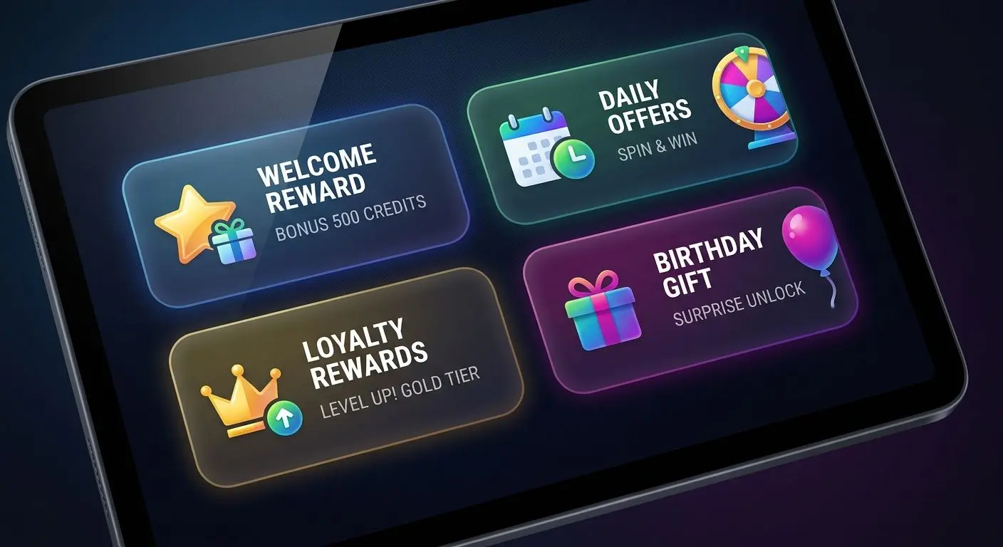 Illustration of PlayOJO bonus categories including welcome, daily, loyalty and birthday rewards