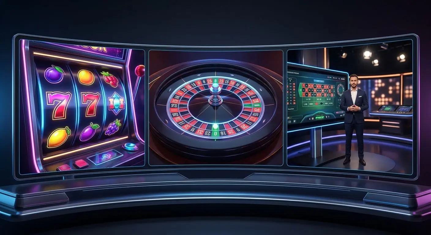 Game Selection Collage Collage showing reel games, wheel table, and live host entertainment tables