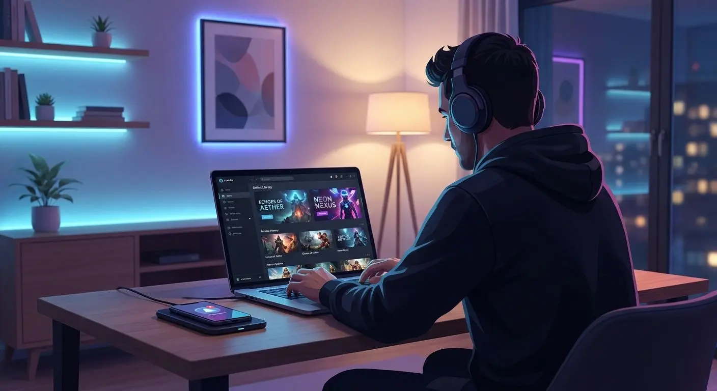 Modern Online Gaming Overview Player choosing a game on laptop in a modern online gaming setting