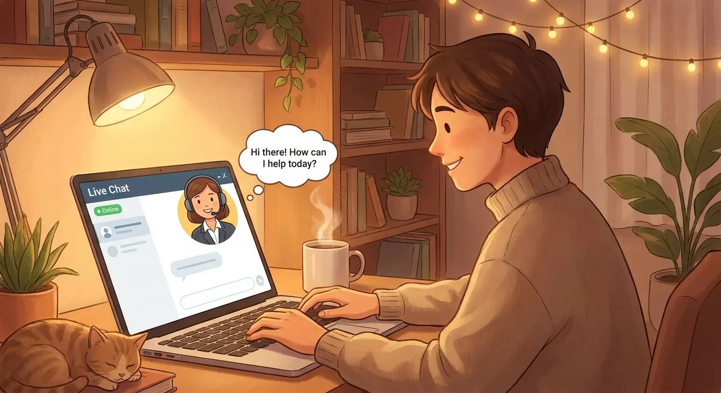 Online Support Assistance Friendly support agent helping an online platform user via chat