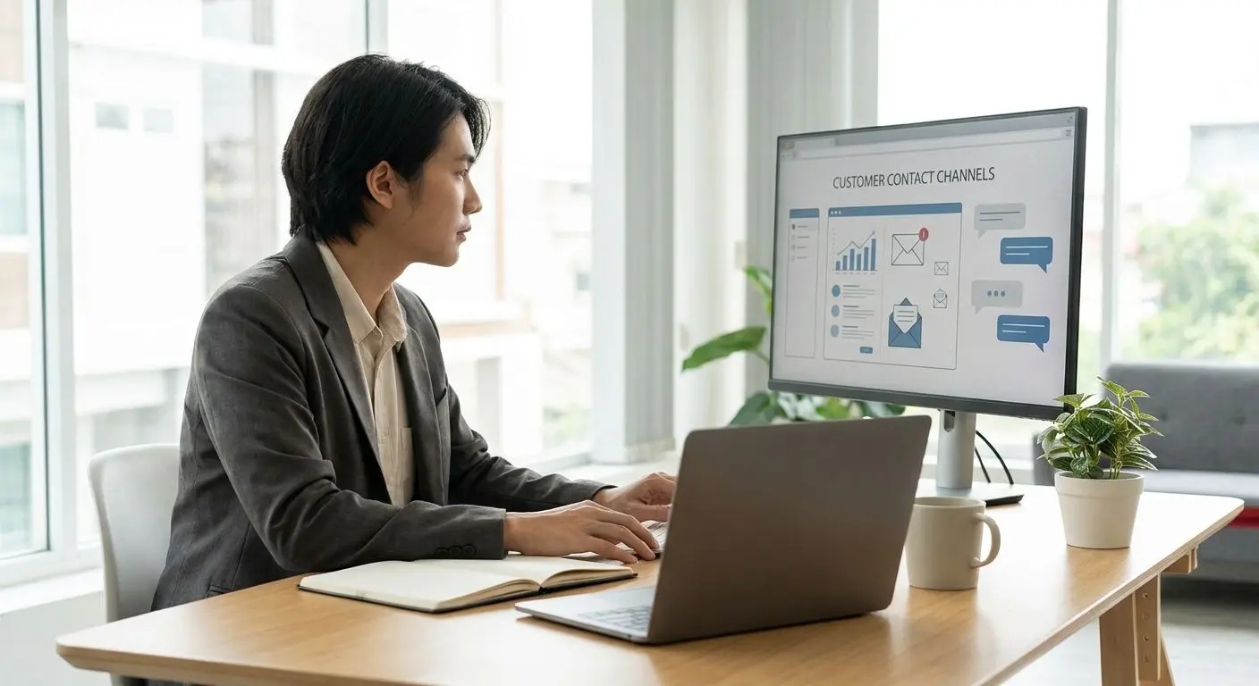 Fictional expert reviewing support contact channels on a laptop