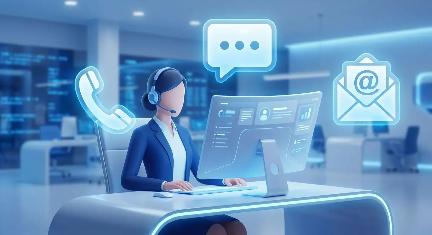 Support operator with phone, chat, and email icons