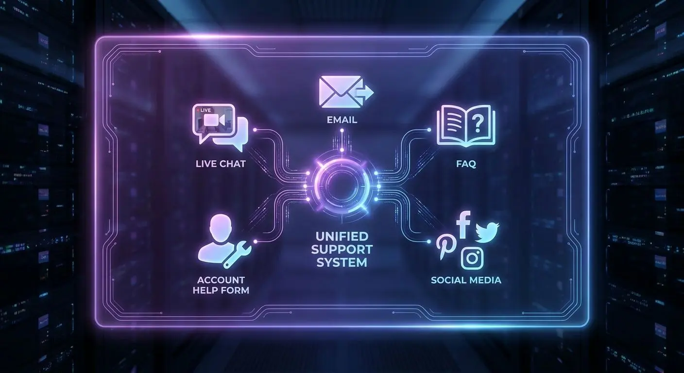Diagram of PlayOJO support channels including chat, email, FAQ and social media