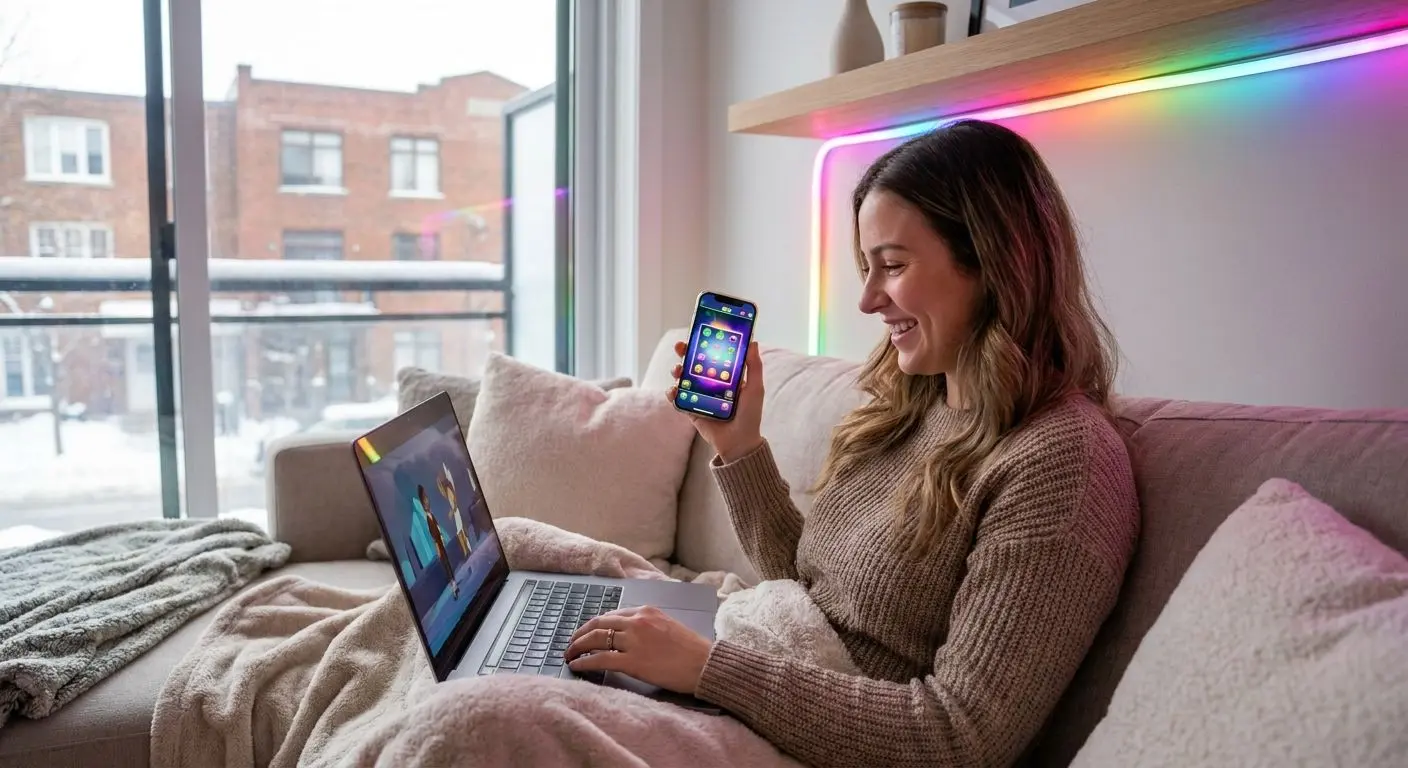 Happy player using laptop and phone for online games at home