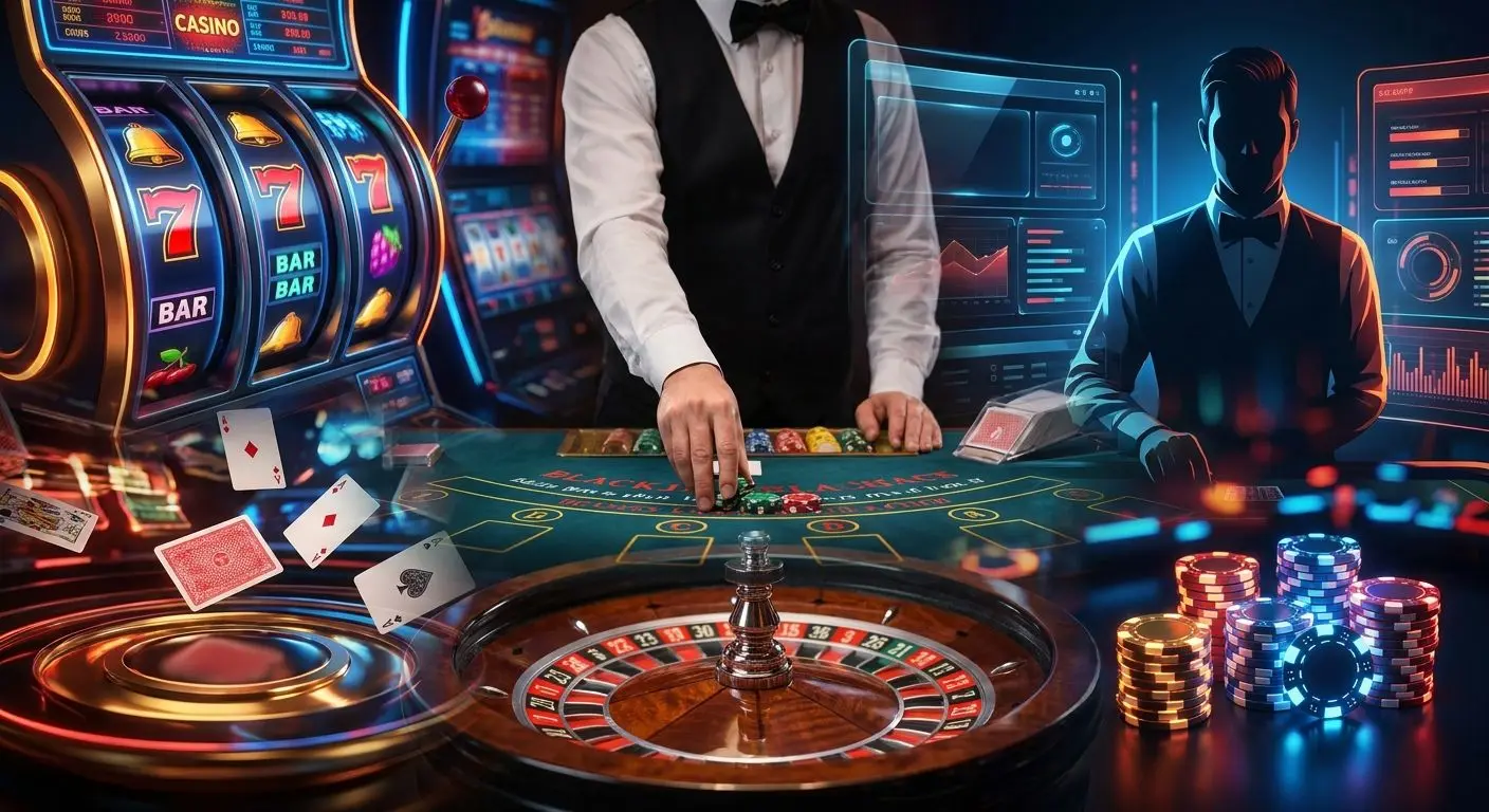 Slots and live table game collage with roulette and chips