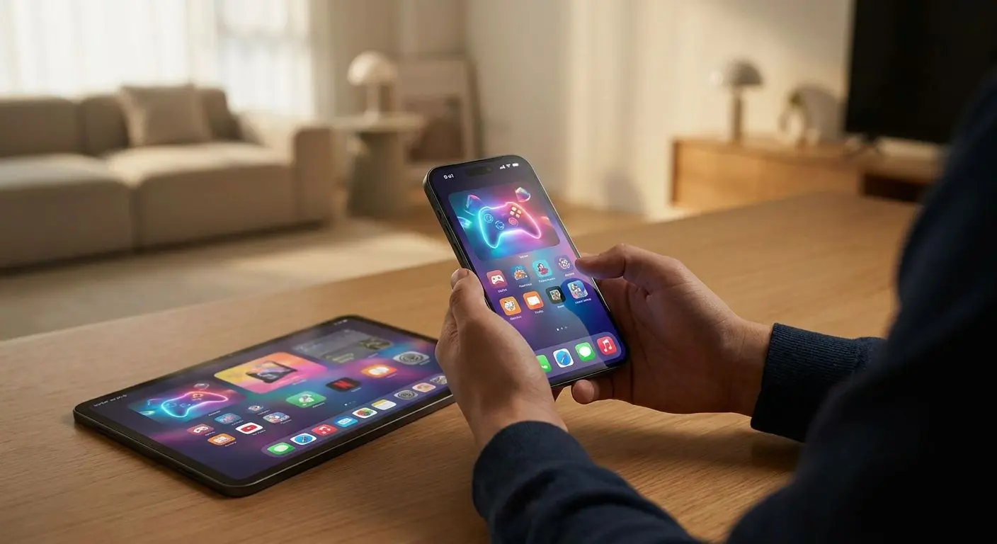 Player using smartphone and tablet for mobile online games