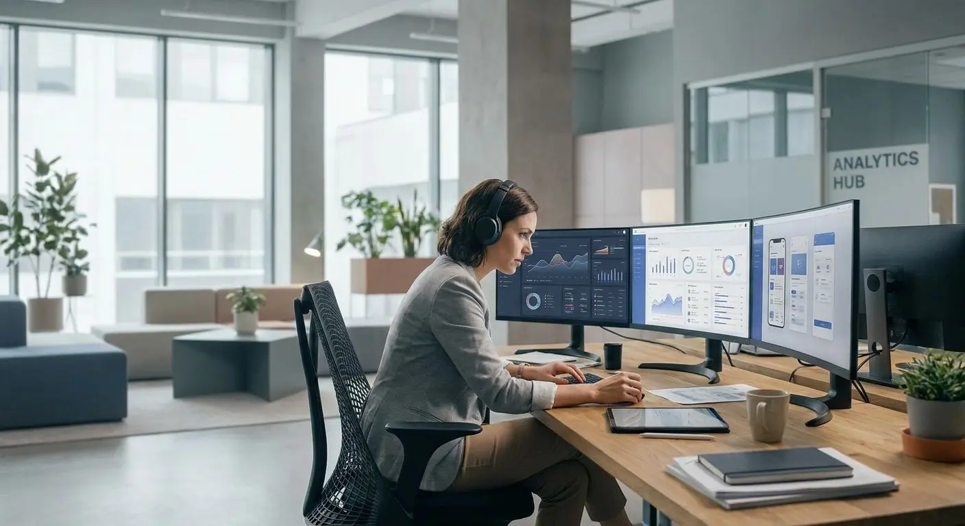 Fictional analyst reviewing digital platform data on multiple screens