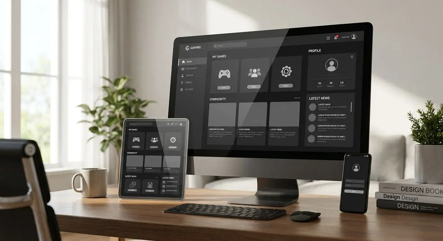 Online gaming platform interface shown across desktop tablet and mobile screens