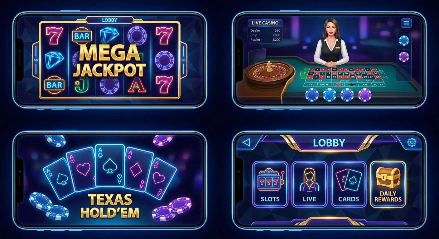 Mobile game categories shown in a PlayOJO-style iOS app layout