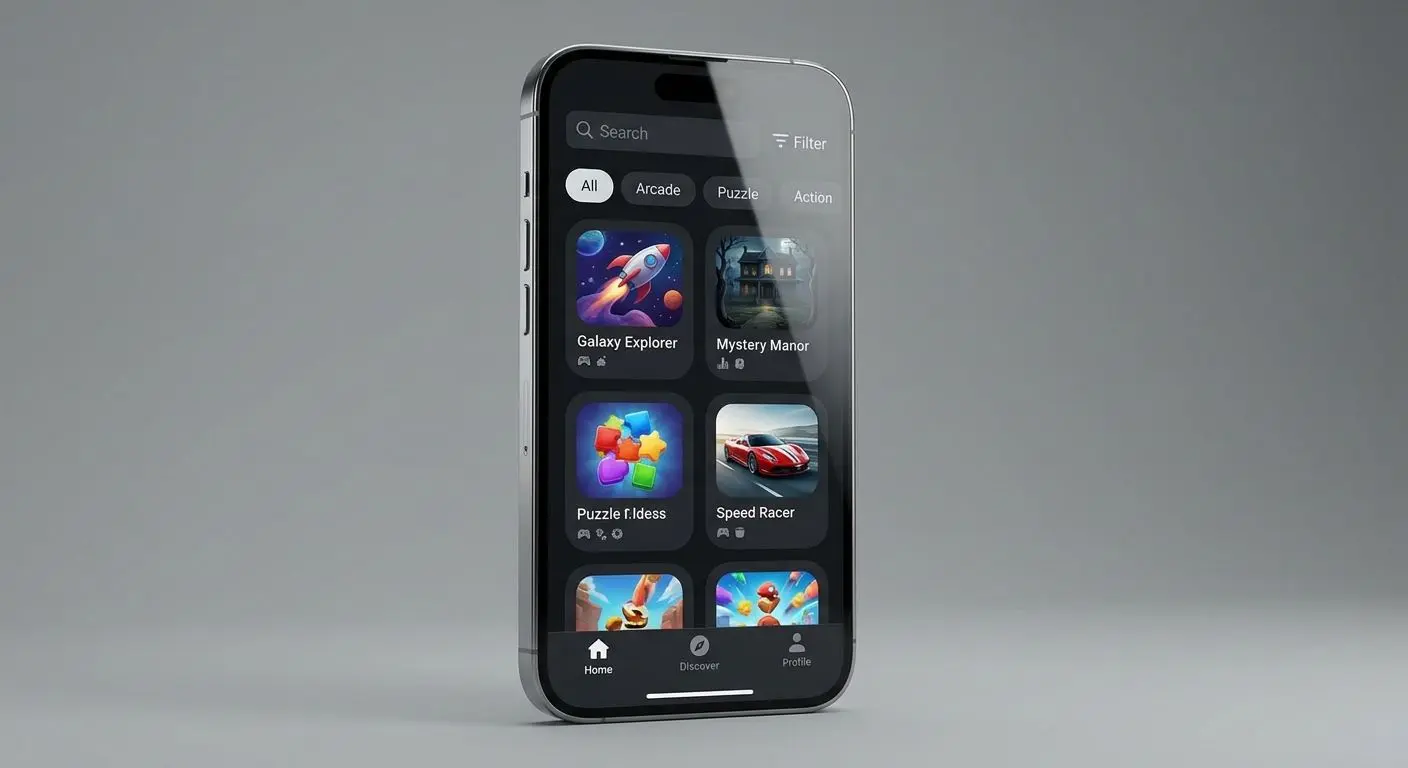 iPhone screen showing app lobby with search and game filters