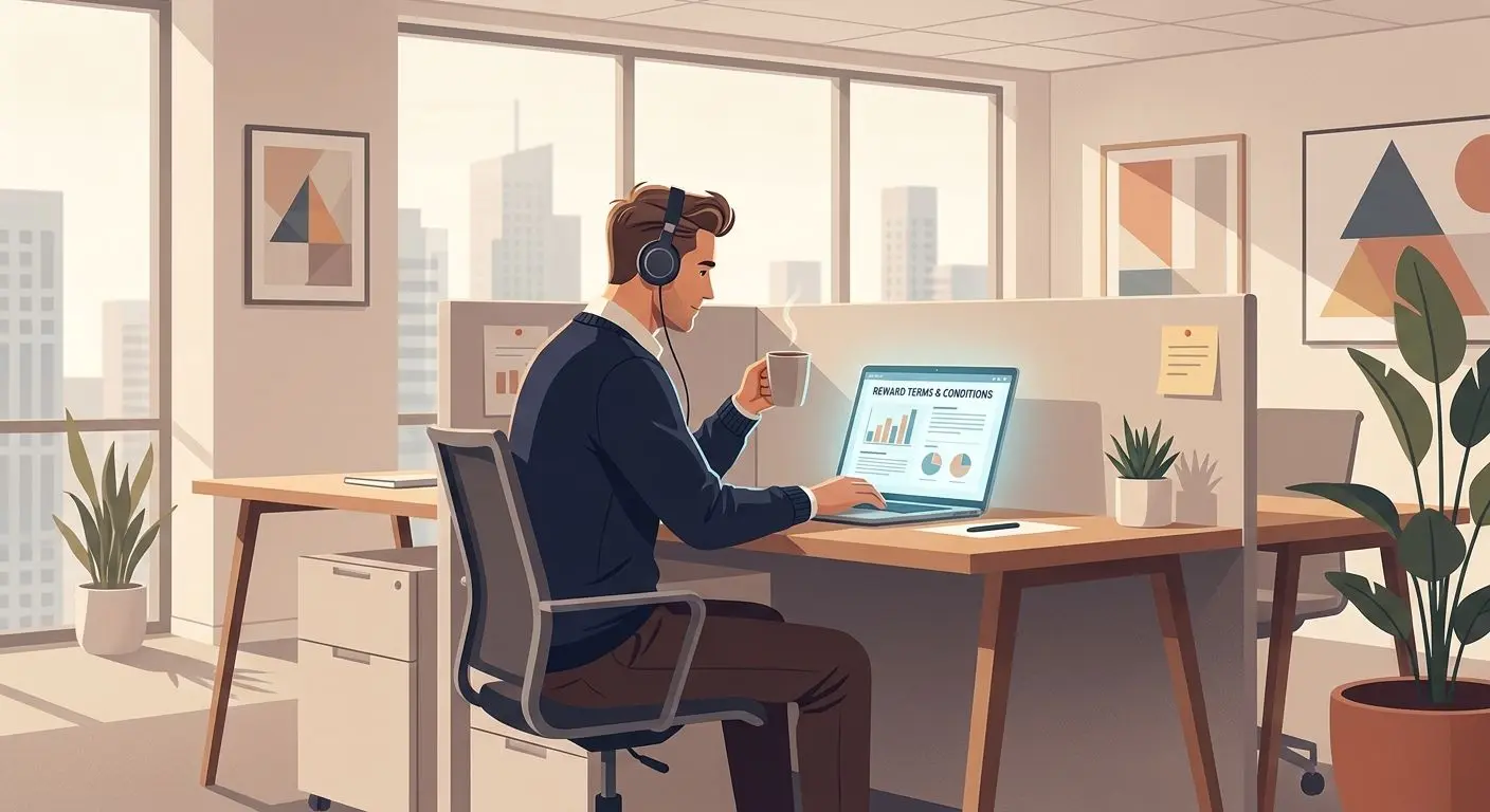 Fictional analyst reviewing promotional terms on a laptop