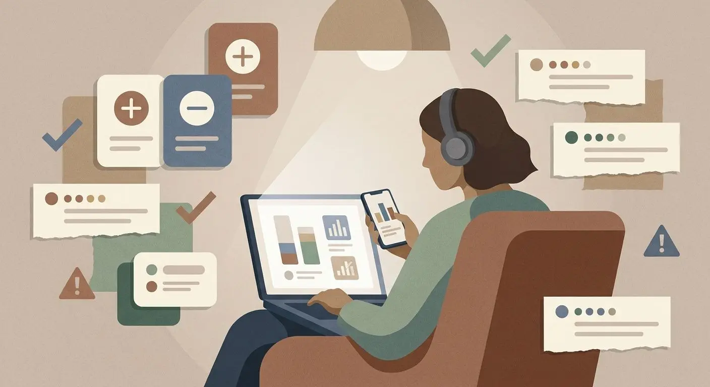 Person reviewing mixed online feedback with positive and negative icons
