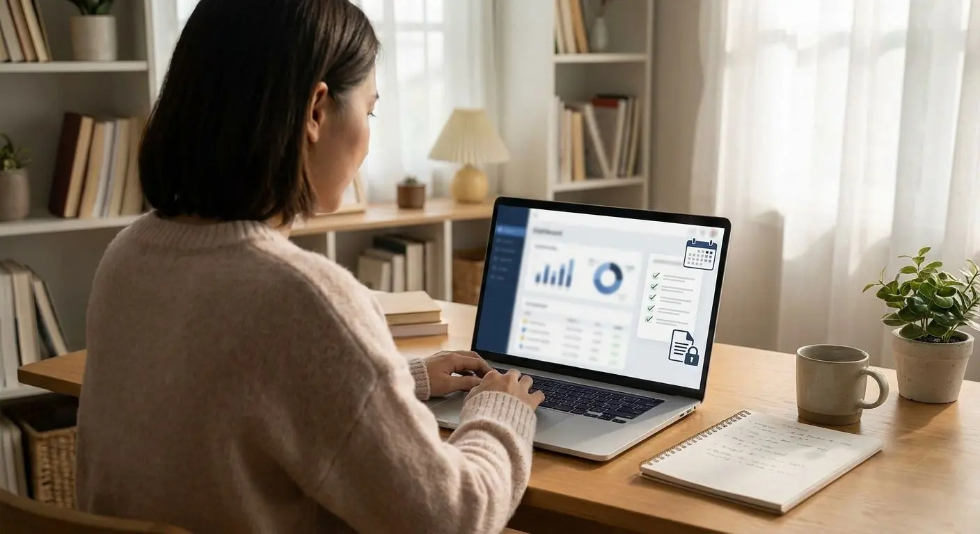 User setting account limits and reviewing notes on a laptop