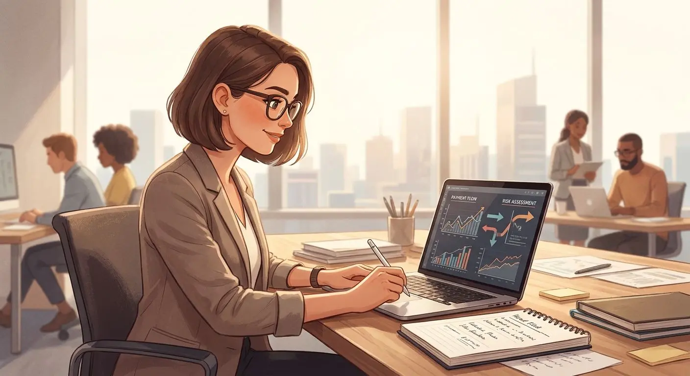 Fictional payments analyst reviewing withdrawal data on a laptop