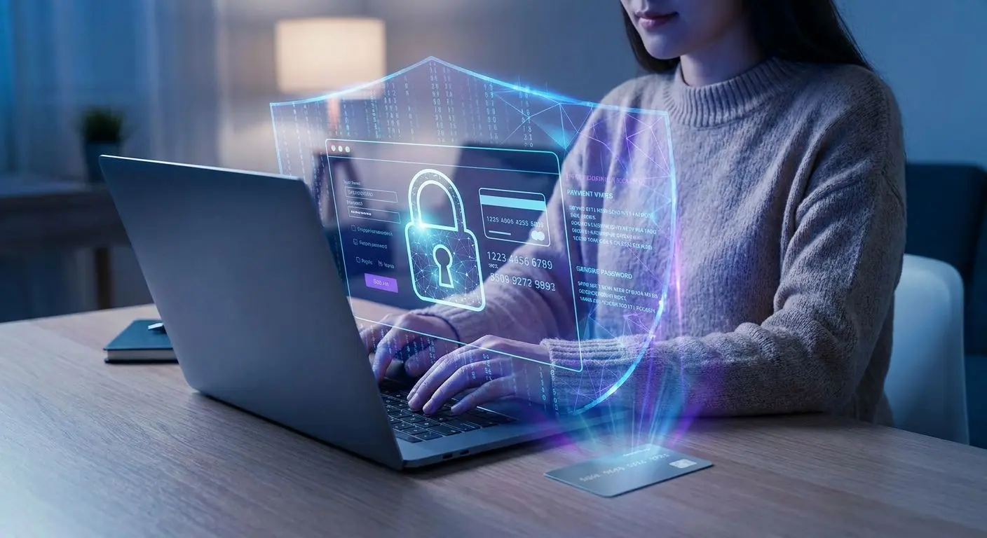 Online payment security scene with lock, card and laptop user
