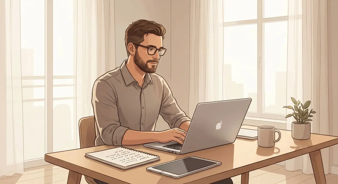 Author avatar in a home office workspace