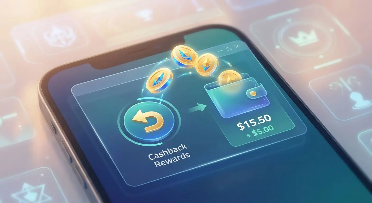 Cashback reward illustration with coins and return arrow in player account