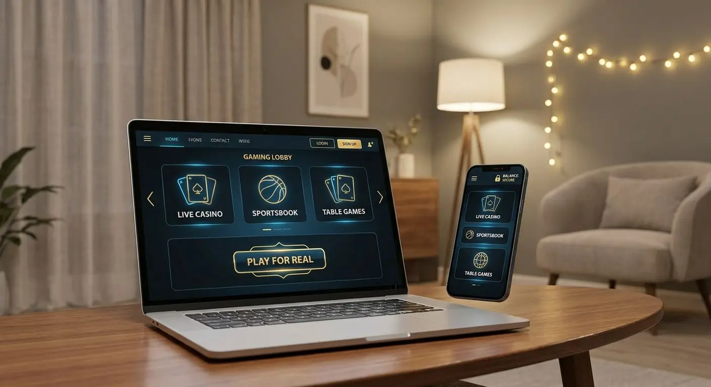 PlayOJO-style gaming lobby on laptop and smartphone screens