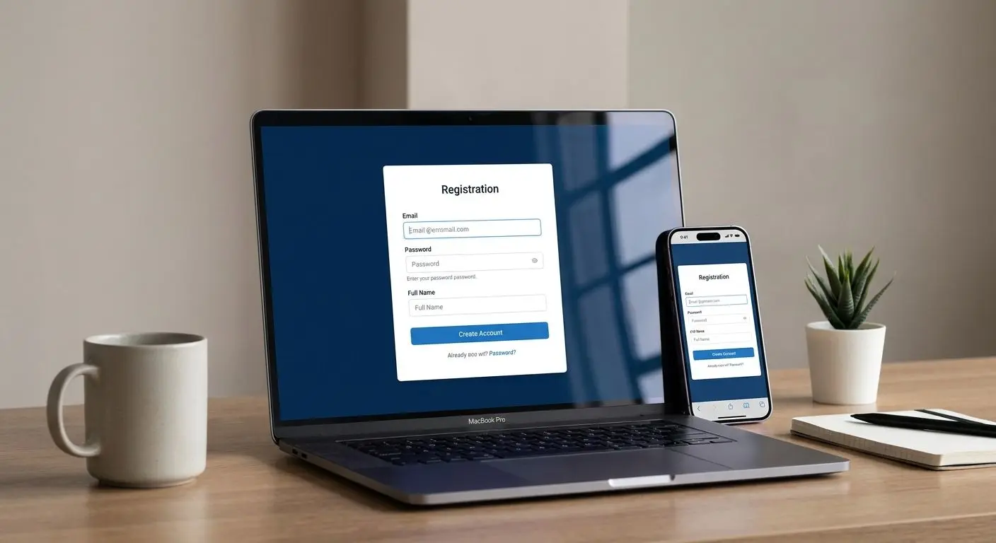 Step-by-step registration form on laptop and smartphone
