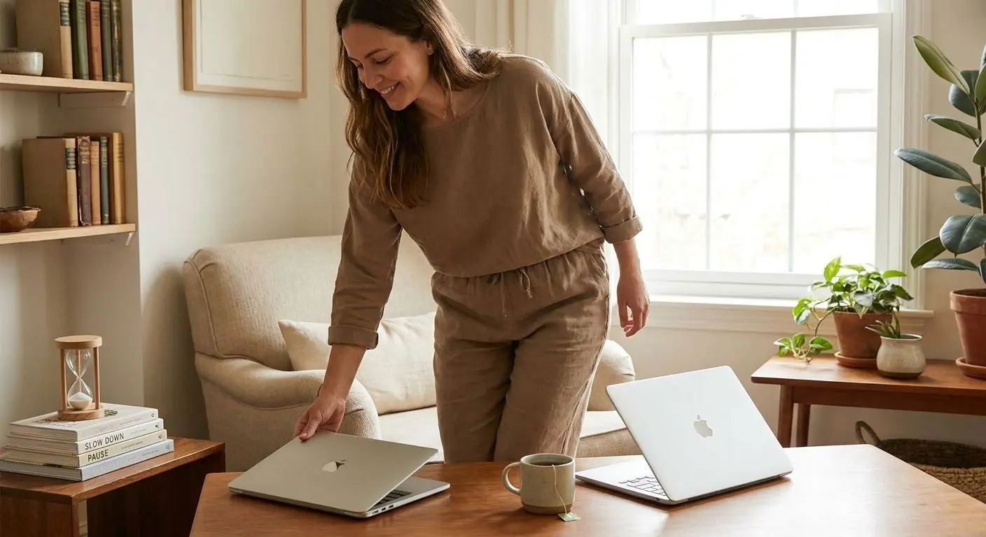 Player taking a break and closing a laptop at home