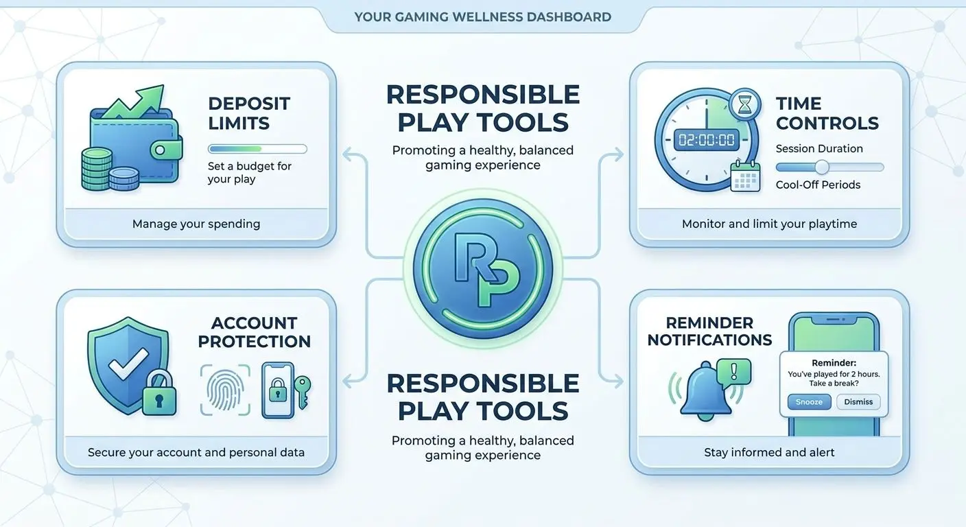 Icons showing deposit limits, time controls and self-exclusion tools
