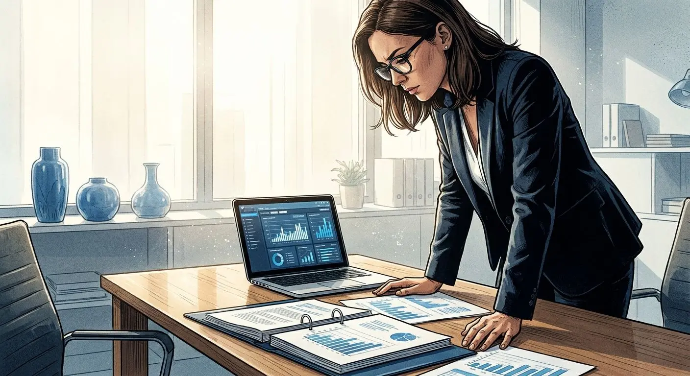 Author analyst reviewing data and privacy records Analyst reviewing privacy documents and charts on a laptop