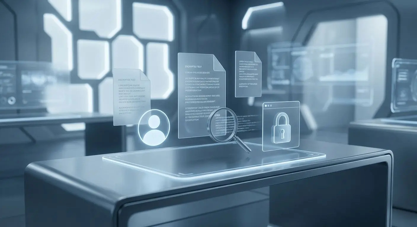 Privacy and transparency overview Privacy and transparency illustration with documents, user icon, magnifying glass and lock