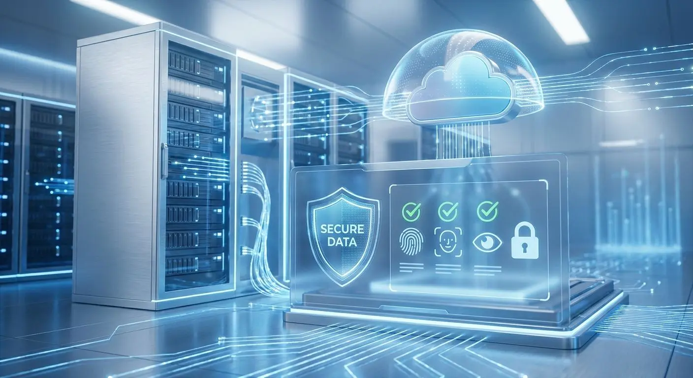 Secure data handling and verification Secure data handling with servers, shield and identity verification icons