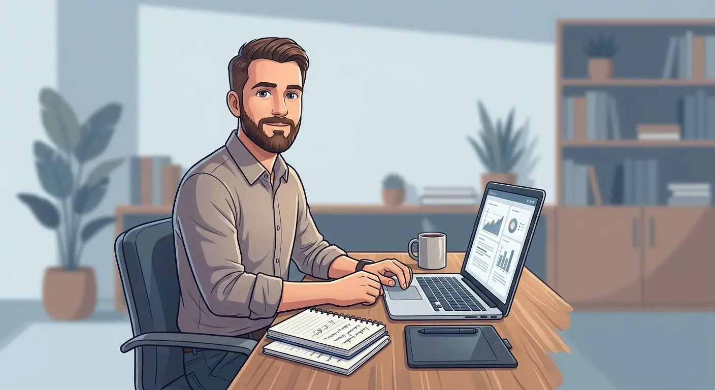 Illustrated author avatar in a professional editorial setting