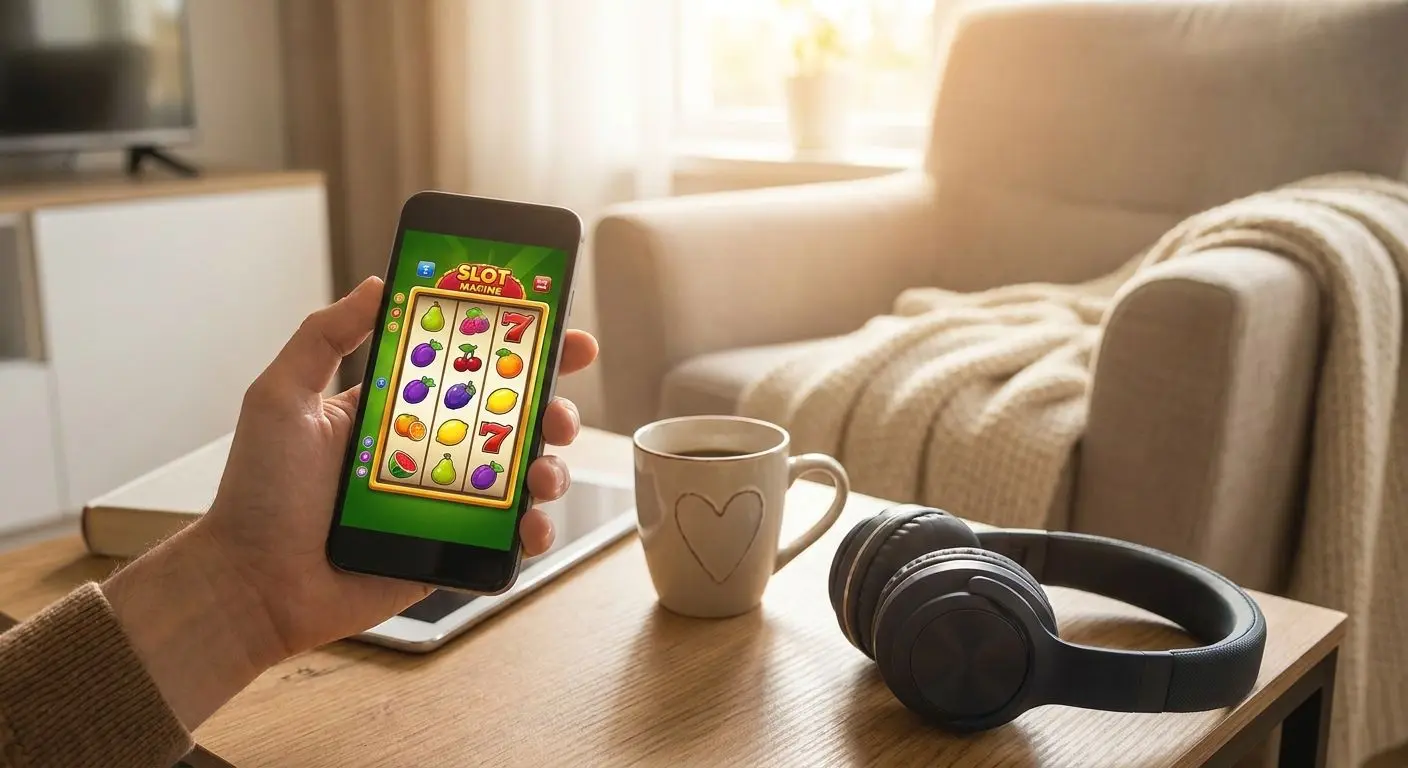 Smartphone showing a slot-style game on a table with coffee