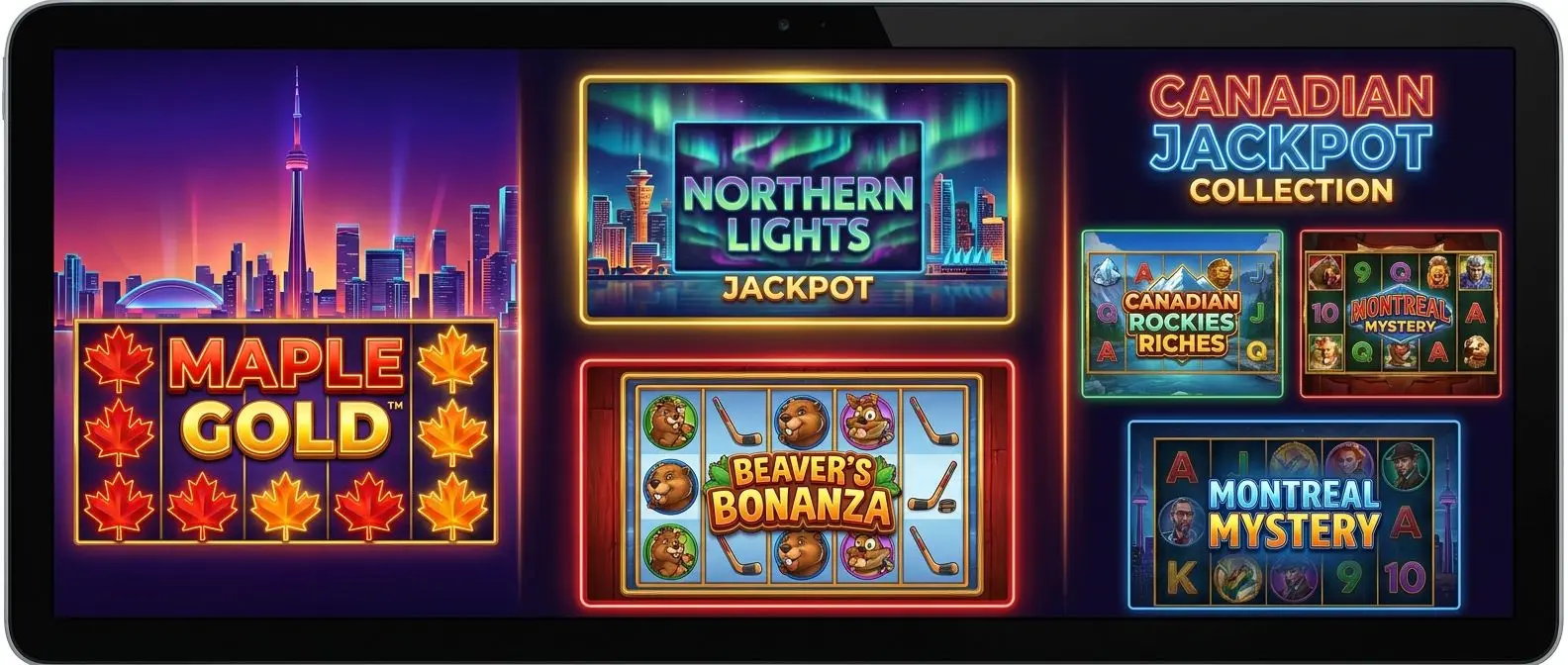 Collage of online slot-style games with Canadian visual theme