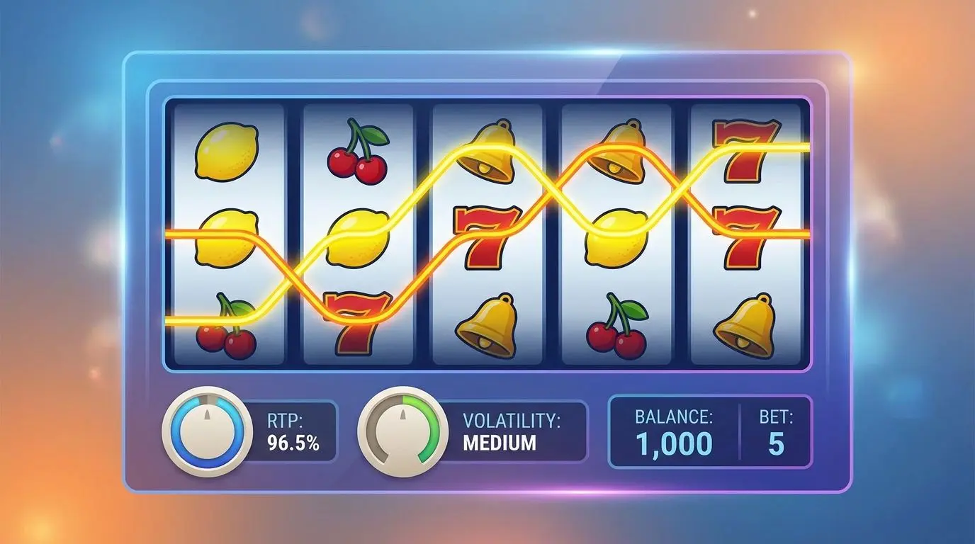 Slot interface illustration showing reels paylines and RTP volatility indicators