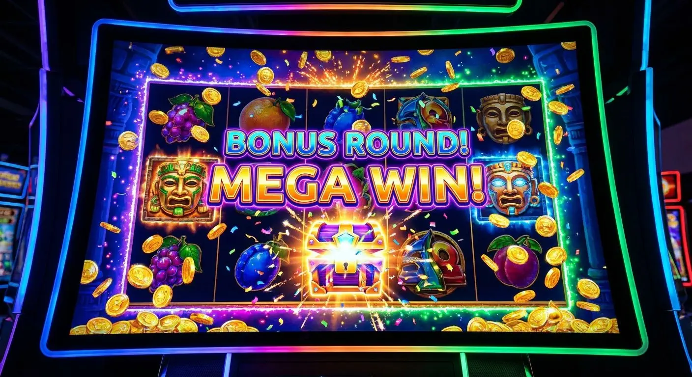 Close-up of a slot-style bonus round with bright symbols