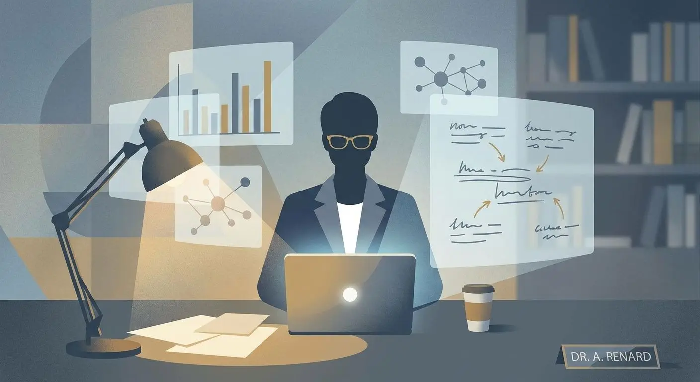 Author bio illustration with analyst at laptop reviewing support data