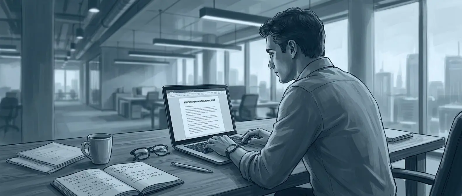 Policy Analyst Reviewing Terms Neutral expert analyst reviewing policy documents