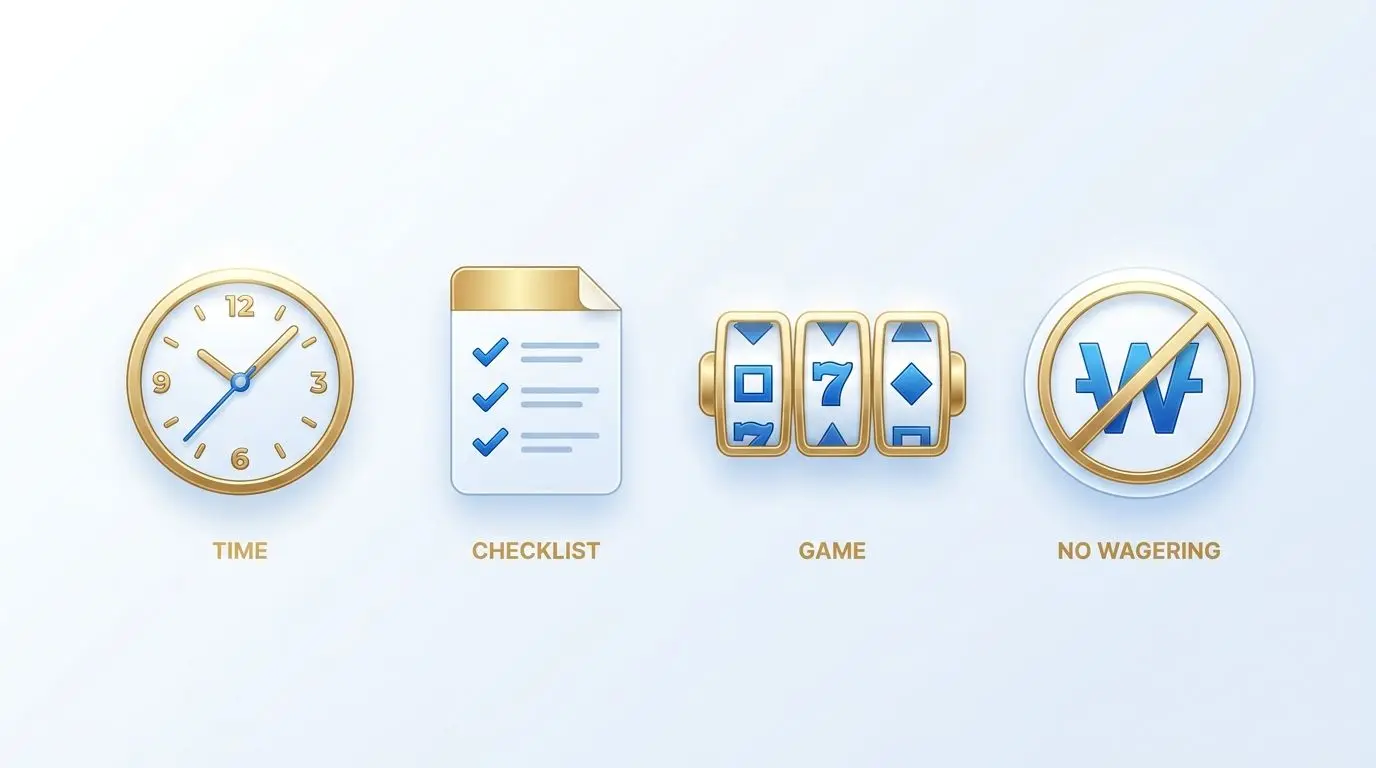 PlayOJO Bonus Rules Checklist Bonus rules checklist infographic with clock, document, reels and no wagering icon