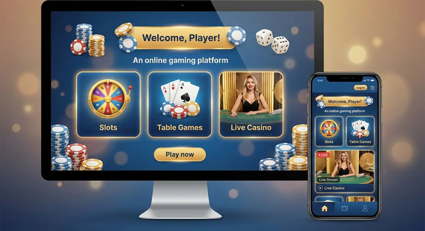 PlayOJO Platform Overview Visual Collage of online gaming interface with slots, table games and live play style screens