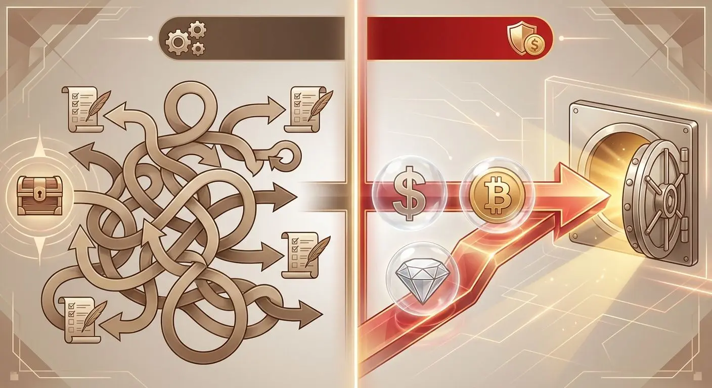 Illustrated comparison between traditional rollover bonus flow and simpler no-wagering reward flow