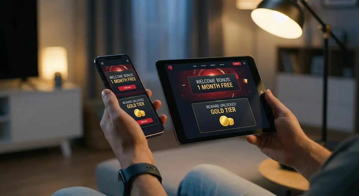 Mobile user accessing welcome bonus features on smartphone and tablet interface
